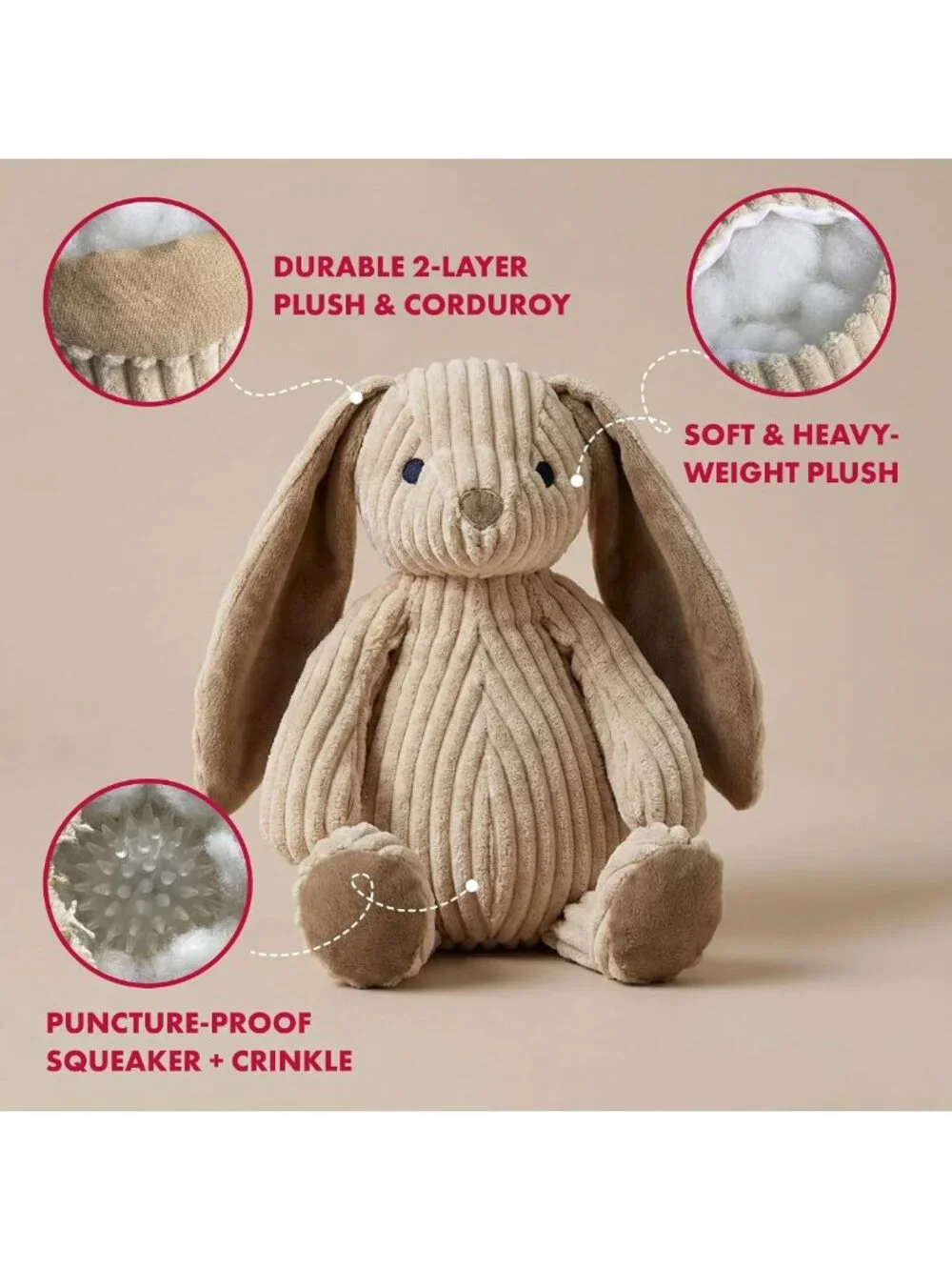 Soft Corduroy Rabbit Dog & Cat Toy - Multi-Squeaks, Crinkle Paper, 15